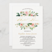 ピンクエレガント赤面フローラフレーム金ゴールドブライダルシャワー 招待状 (正面/裏面)