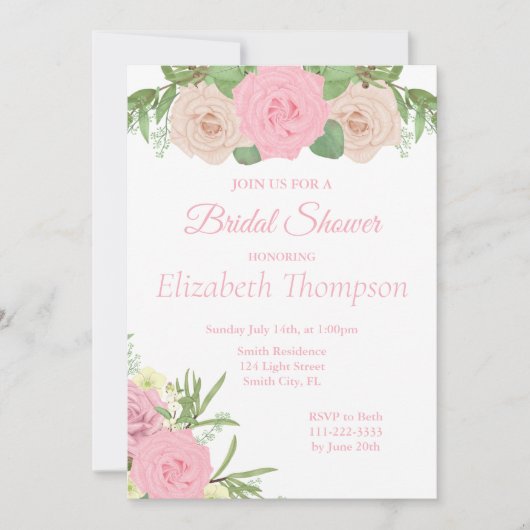 ピンクエレガント赤面フローラブライダルシャワー招待 招待状 (正面)