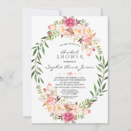 ピンクエレガント赤面フローラリースブライダルシャワー 招待状