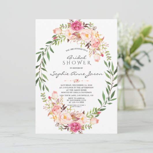 ピンクエレガント赤面フローラリースブライダルシャワー 招待状 (スタンド正面)