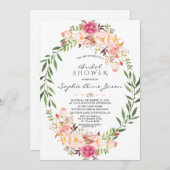 ピンクエレガント赤面フローラリースブライダルシャワー 招待状 (正面/裏面)