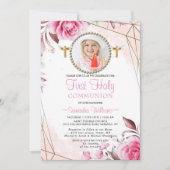 ピンクエレガント赤面フローラ写真First Communion I 招待状 (正面)