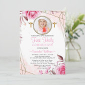 ピンクエレガント赤面フローラ写真First Communion I 招待状 (スタンド正面)
