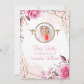 ピンクエレガント赤面フローラ写真First Communion I 招待状 (裏面)