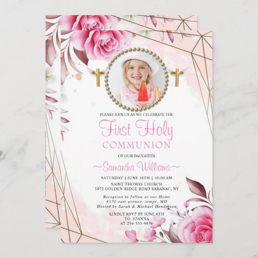 ピンクエレガント赤面フローラ写真First Communion I 招待状 (正面/裏面)