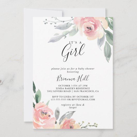 ピンクエレガント赤面フローラ女の子の赤ちゃんシャワー 招待状 (正面)