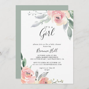 ピンクエレガント赤面フローラ女の子の赤ちゃんシャワー 招待状
