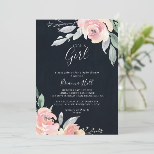 ピンクエレガント赤面フローラ女の子の赤ちゃんシャワー 招待状 (スタンド正面)