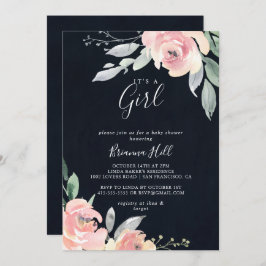 ピンクエレガント赤面フローラ女の子の赤ちゃんシャワー 招待状