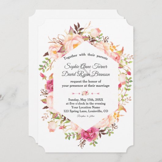 ピンクエレガント赤面フローラ幾何結婚の 招待状 (正面/裏面)