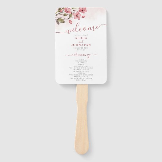 ピンクエレガント赤面フローラ庭園の結婚式プログラム ハンドファン (正面)