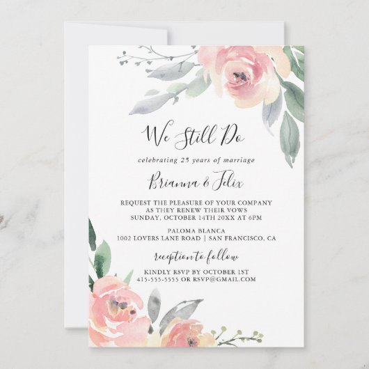 ピンクエレガント赤面フローラ我々はまだ誓の更新を行う 招待状 (正面)