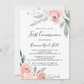 ピンクエレガント赤面フローラ第1聖体 招待状 (正面)