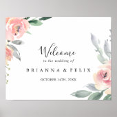 ピンクエレガント赤面フローラ結婚のウェルカムサイン ポスター (正面)