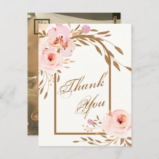 ピンクエレガント赤面フローラ結婚の写真ありがとう ポストカード (正面/裏面)