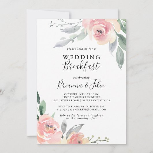 ピンクエレガント赤面フローラ結婚ズブレックファースト 招待状 (正面)