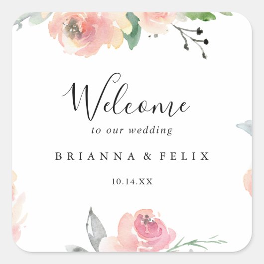 ピンクエレガント赤面フローラ結婚ズ・ウェルカム スクエアシール (正面)