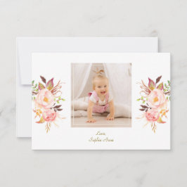 ピンクエレガント赤面フローラ金ゴールドガールフォトバプテスマ サンキューカード