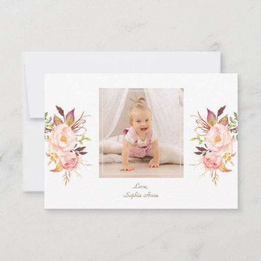 ピンクエレガント赤面フローラ金ゴールドガールフォトバプテスマ サンキューカード (正面)