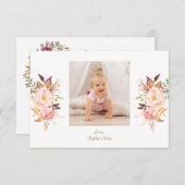 ピンクエレガント赤面フローラ金ゴールドガールフォトバプテスマ サンキューカード (正面/裏面)