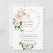 ピンクエレガント赤面フローラ金ゴールドクロスバプテスマ 招待状 (正面)