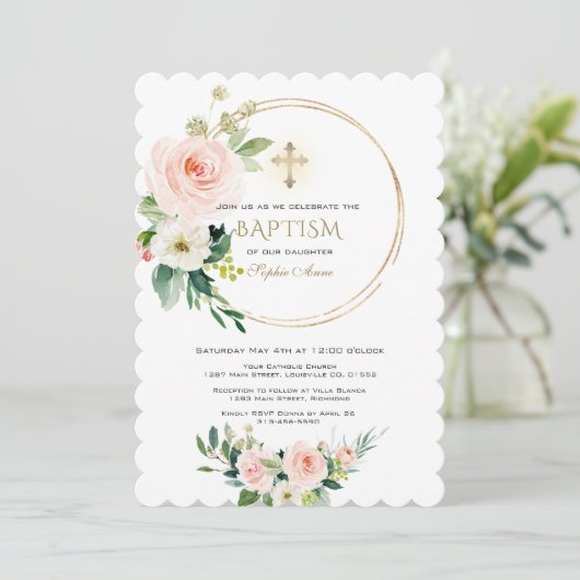 ピンクエレガント赤面フローラ金ゴールドクロスバプテスマ 招待状 (スタンド正面)