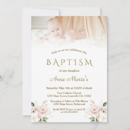 ピンクエレガント赤面フローラ金ゴールドフォトガールバプテスマ 招待状