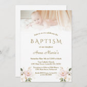 ピンクエレガント赤面フローラ金ゴールドフォトガールバプテスマ 招待状 (正面/裏面)