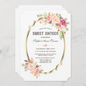 ピンクエレガント赤面フローラ金ゴールドフレーム甘い16 招待状 (正面/裏面)