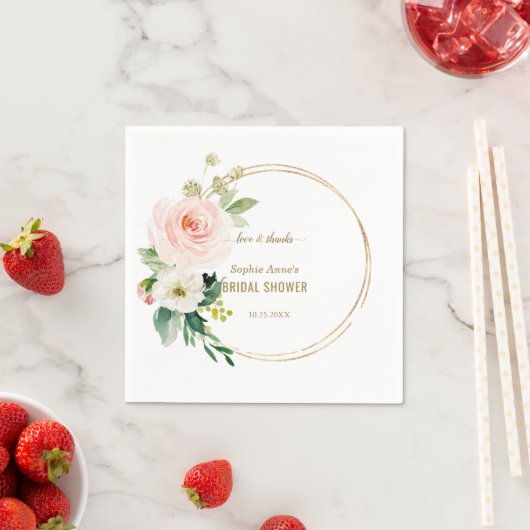 ピンクエレガント赤面フローラ金ゴールドブライダルシャワー スタンダードカクテルナプキン (インサイチュ)