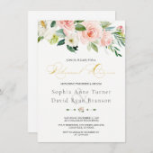 ピンクエレガント赤面フローラ金ゴールドリハーサルディナー 招待状 (正面/裏面)