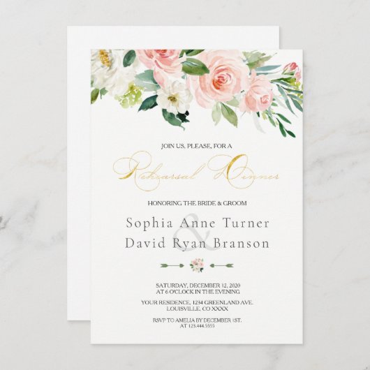 ピンクエレガント赤面フローラ金ゴールドリハーサルディナー 招待状 (正面/裏面)