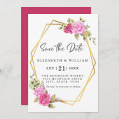 ピンクエレガント赤面フローラ金ゴールド幾何学的 セーブザデート (正面/裏面)