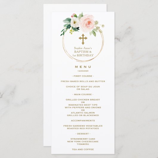 ピンクエレガント赤面フローラ1歳の誕生日とバプテスマ メニュー (正面/裏面)