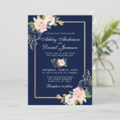 ピンクエレガント赤面ブルーフローラ結婚の金ゴールドフレーム 招待状 (スタンド正面)