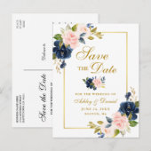 ピンクエレガント赤面ブルーフローラ金ゴールド保存日 案内ポストカード (正面/裏面)