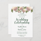 ピンクエレガント赤面ホワイトロ結婚ーズ 招待状 (正面/裏面)