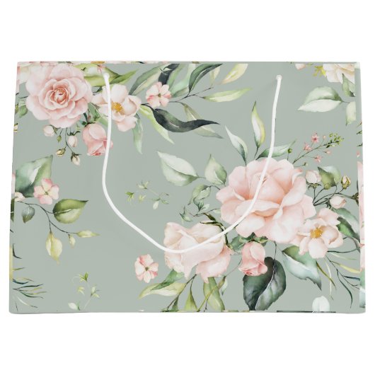 ピンクエレガント赤面ユーカリプトゥスセージ結婚グリーン ラージペーパーバッグ (正面)