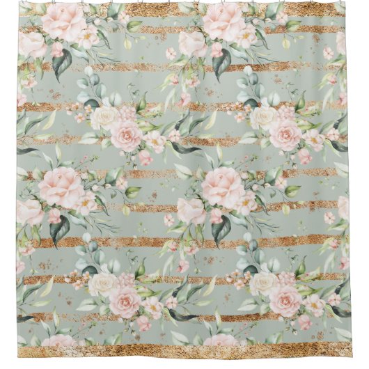 ピンクエレガント赤面ユーカリ金ゴールドセージ  シャワーカーテン (正面)