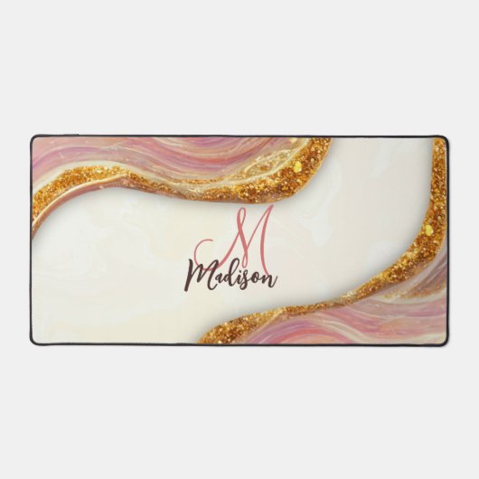 ピンクエレガント赤面大理石アートフェイク金ゴールドグリッター デスクマット (正面)