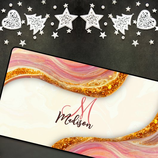 ピンクエレガント赤面大理石アートフェイク金ゴールドグリッター デスクマット