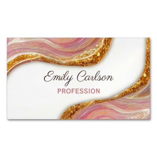 ピンクエレガント赤面大理石アートフェイク金ゴールドグリッターbu マグネット名刺 (正面)