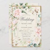 ピンクエレガント赤面水色フローラ結婚ズ 招待状 (正面/裏面)