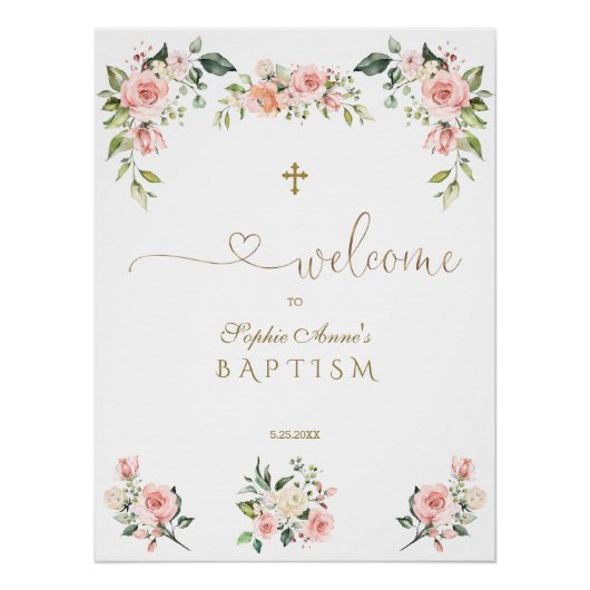 ピンクエレガント赤面花バプテスマ歓迎サイン ポスター (正面)