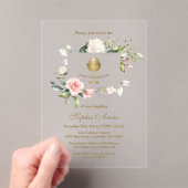 ピンクエレガント赤面花女の子神聖な聖餐式 アクリル招待状 (インサイチュ (ポータブル))