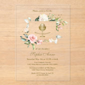 ピンクエレガント赤面花女の子神聖な聖餐式 アクリル招待状 (正面)