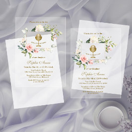 ピンクエレガント赤面花女の子神聖な聖餐式 アクリル招待状