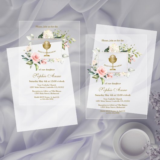 ピンクエレガント赤面花女の子神聖な聖餐式 アクリル招待状