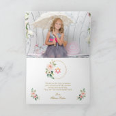 ピンクエレガント赤面花金ゴールド写真バルミツワー サンキューカード (内部)