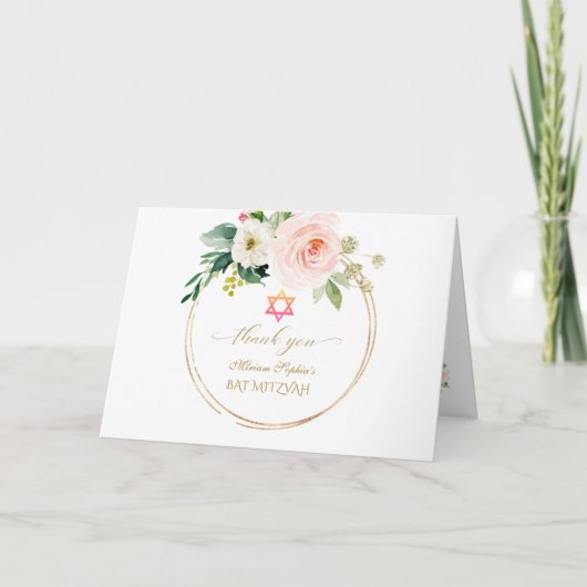 ピンクエレガント赤面花金ゴールド写真バルミツワー サンキューカード (正面)